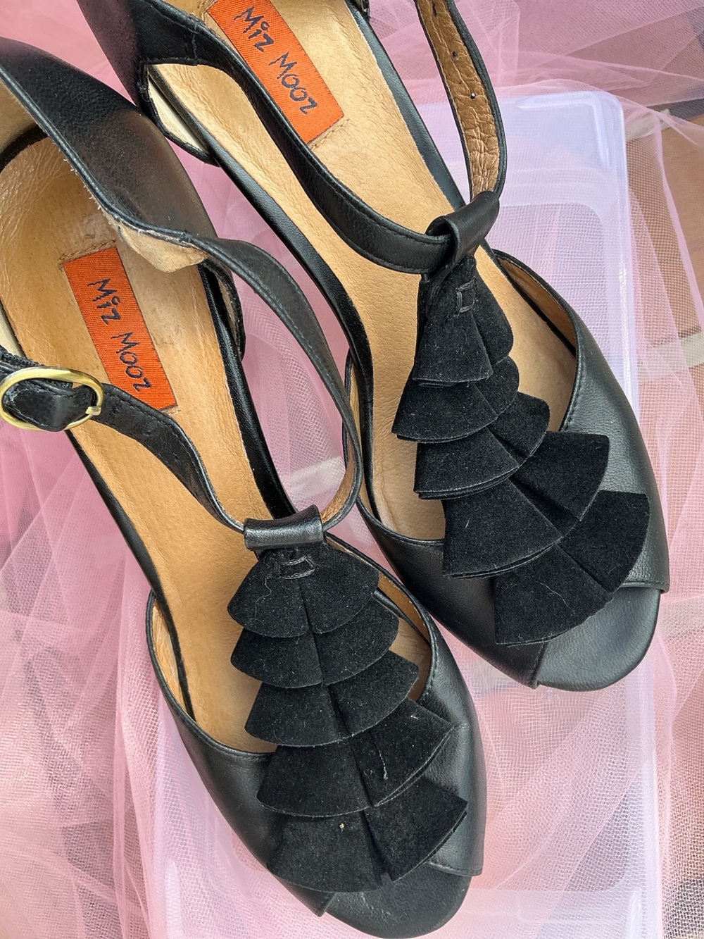 Miz Mooz Black Leather T-Strap Heels with Suede Ruffle Accents
